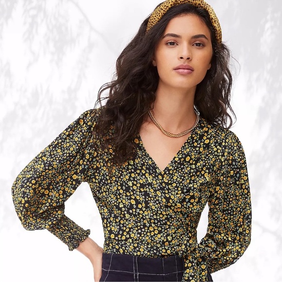 Faithfull the Brand Nari Floral Wrap Black and Yellow Blouse - Picture 1 of 5